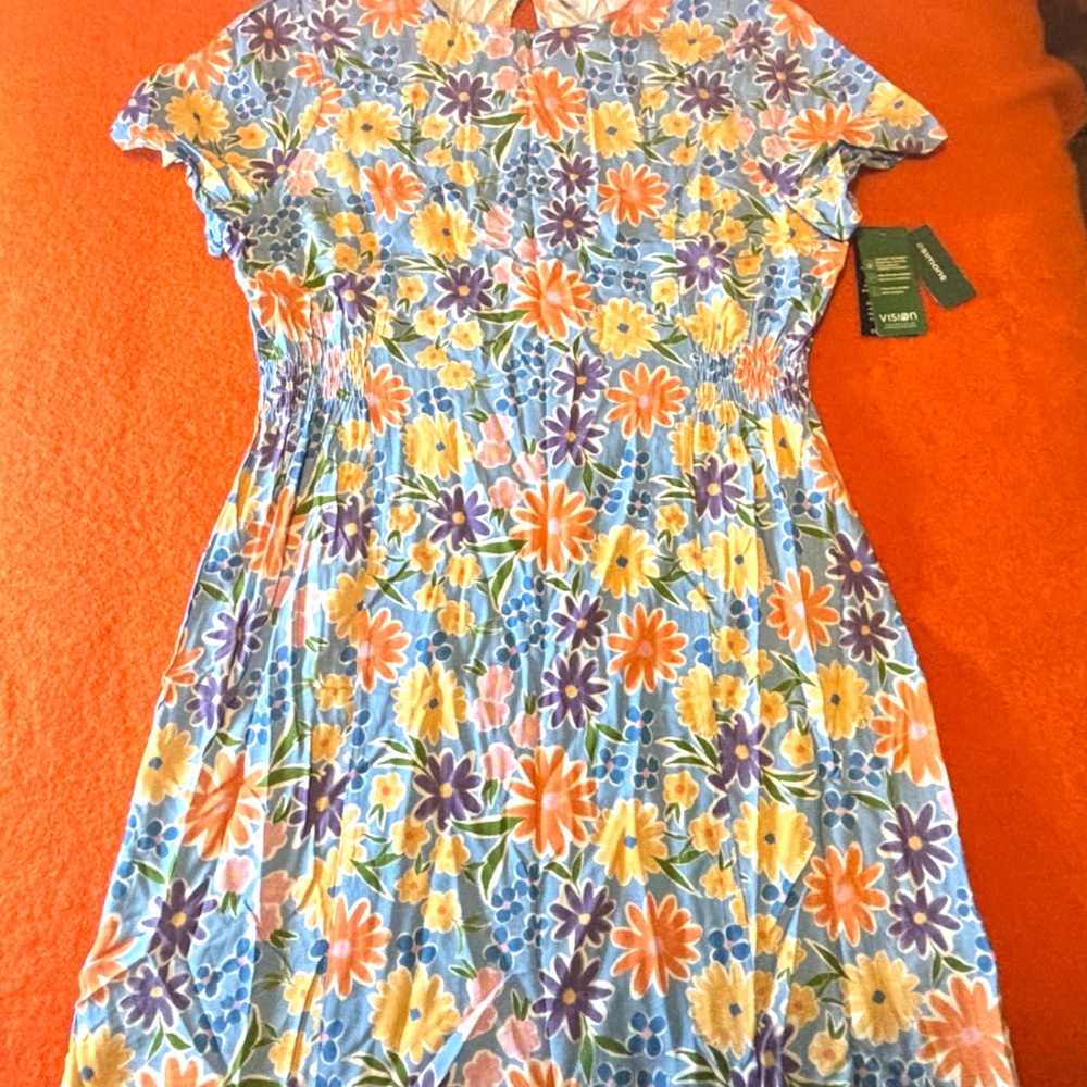 Sky blue and colourful flowers lightweight side smocked viscose dress NWT - Picture 2 of 12